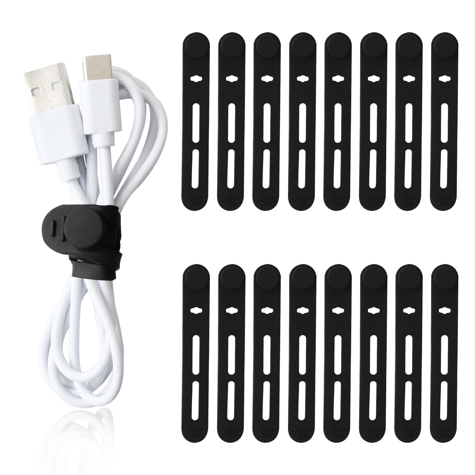 TamBee Cable Ties Reusable Silicone Cable Straps 16pcs Black Cable Wire Ties Cable Cord Organizers for Earphone Phone Charger Cable Computer (16Pcs, Black)