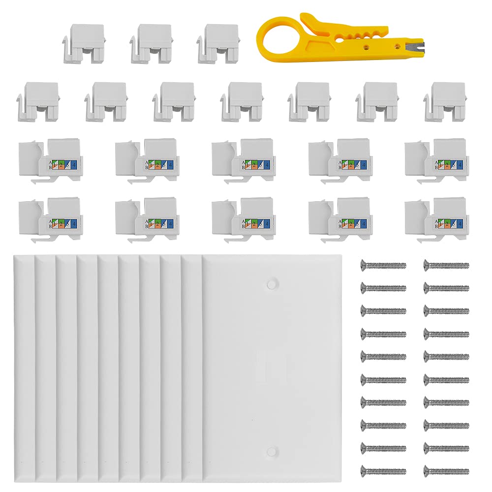 WMYCONGCONG 10 PCS 1 Port Keystone Jack Wall Plate + 10 PCS RJ45 Keystone Jack Punch Down Adapter + 10 PCS Blank Keystone Jack Inserts + 1 PCS Mini Wire Stripper