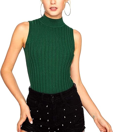 Amazon レディース ノースリーブ リブ ニット トップス タンクトップ カットソー チュニック タートル ネック ハイネック グリーン Onesize セーター 通販