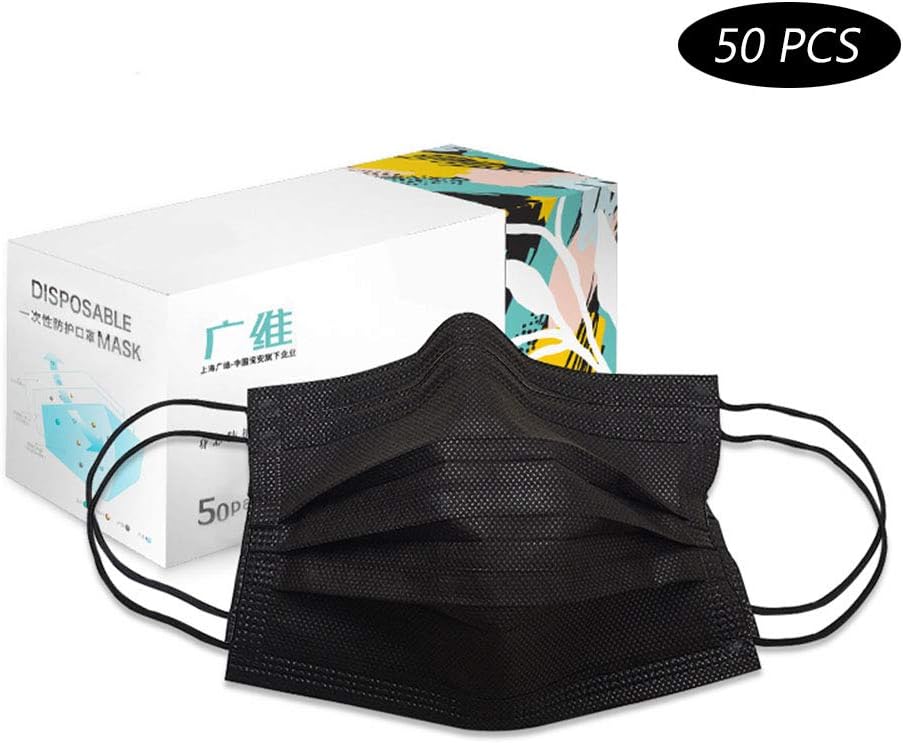 HOPELJ 50PCS Disposable Medical Face Mask 3-ply Thickened, with Elastic Ear Loop, Dust Masks Antiviral Great for Surgical Dental Outdoors Hypoallergenic Hospital, Black