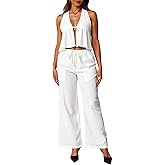 winkbay Women's 2 Piece Beach Vacation Outfits Backless Peplum Halter Crop Top and Pants Summer Sets