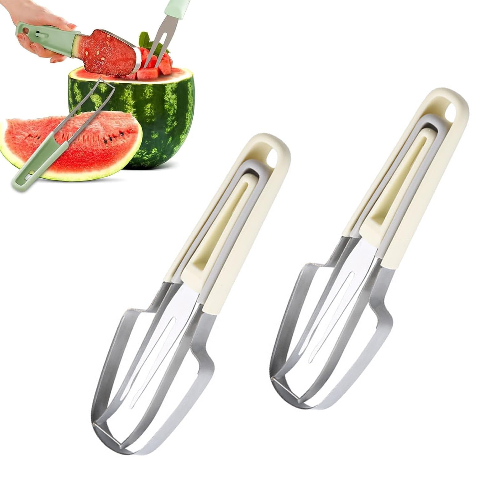 2024 Premium Stainless Steel Watermelon Slicer, 3-in-1 Melon Cutter with Fruit Forks, Melon Baller Slicer and Summer Watermelon Slicer, Effortless Summer Fruit Tool (Beige)