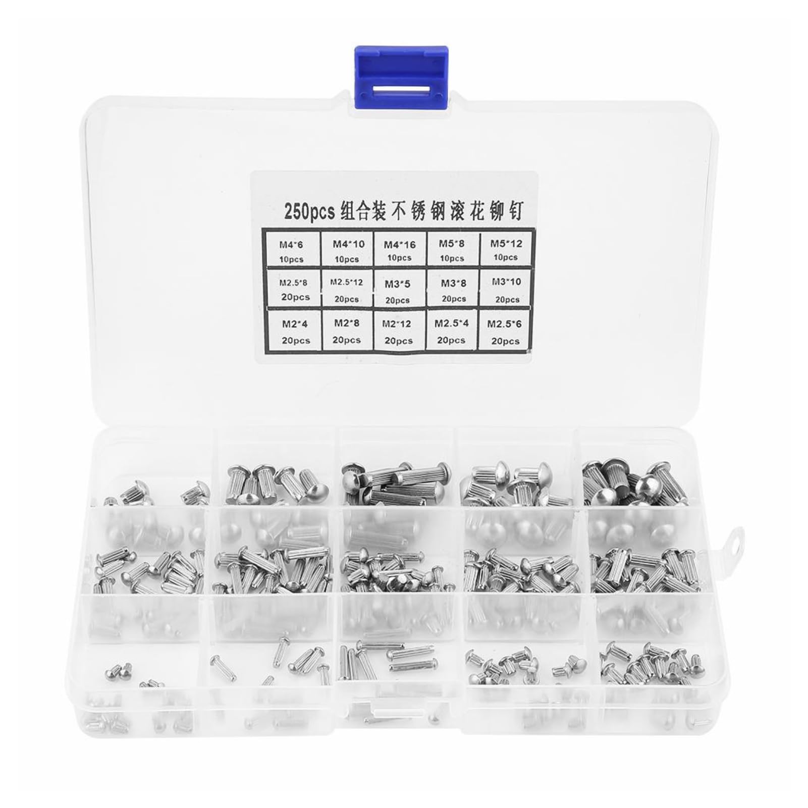 Broco Solid Steel Round Head, 250pcs M2-M5 Stainless Steel Round Head Knurled Shank Solid Rivets Assortment Set