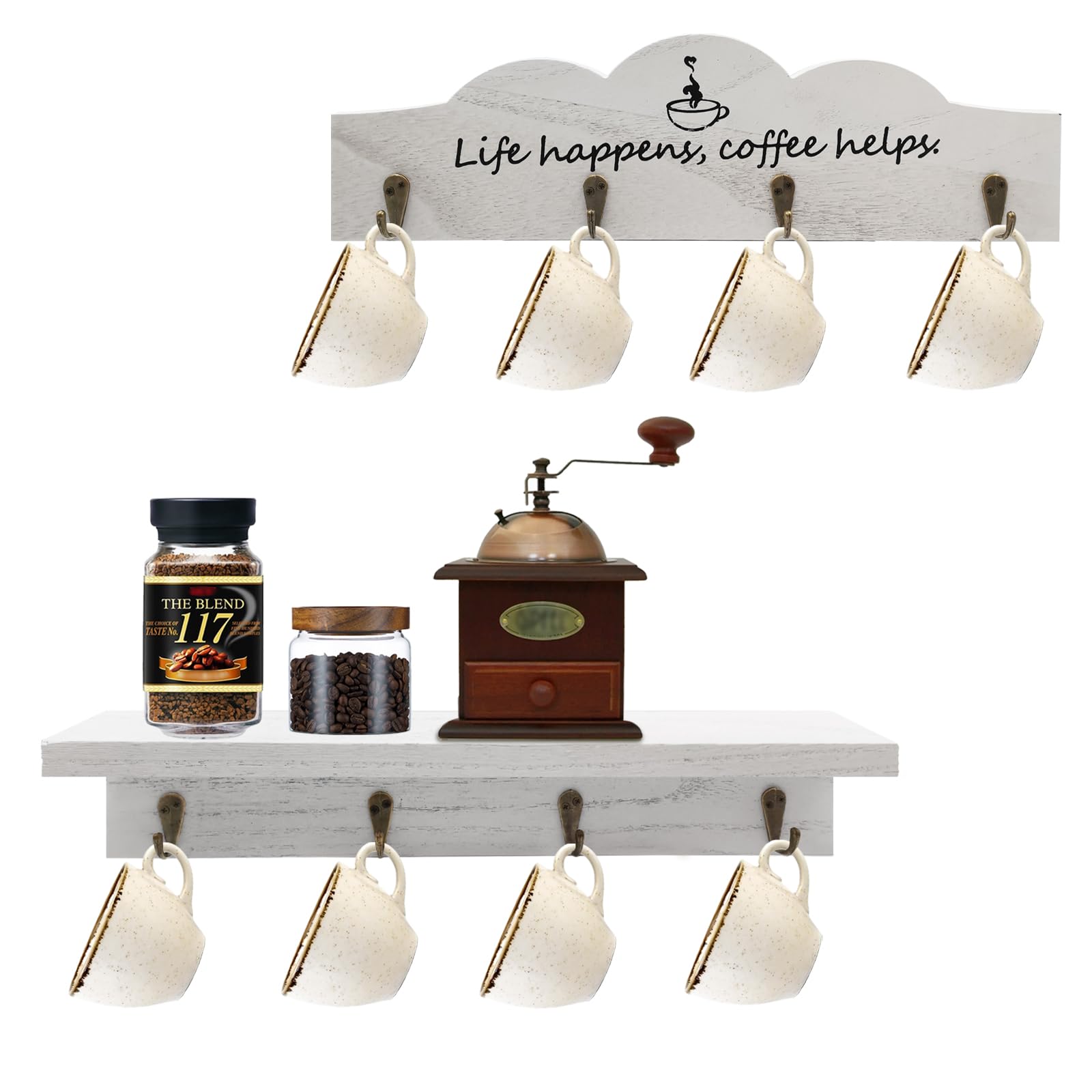 LYFJXX Coffee Cup Holder Wall Mount with 8 Hooks, 2 Pieces Wooden Coffee Cup Holder with Coffee Sign, Tea Cup Hanger for Bar, Kitchen Organiser Display, Coffee Corner Decor (White-2pcs)