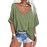 Langwyqu Women's Oversized T Shirts V Neck Short Sleeve Summer Casual Loose Tops Tees