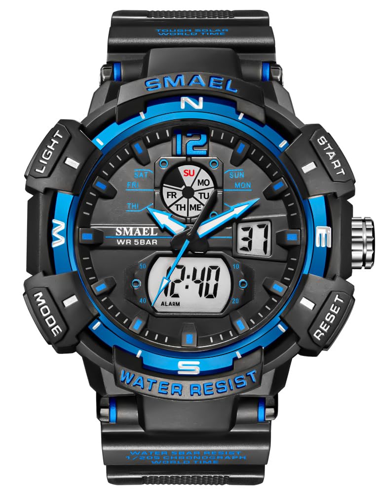FANMIS Mens Analog Digital Sports Watch Large Face Outdoor Sports Waterproof Military Wrist Watches with Date Multifunction Tactics LED Army Stopwatch, Blue, Digital