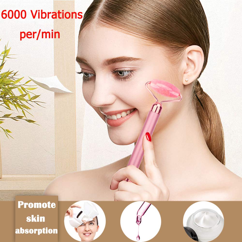 2-IN-1 Jade Roller Face Massager, Electric Nature Rose Quartz Beauty Bar Facial Roller Kit, Arm Eye Nose Massage Stone for Face Lift,Anti-Aging,Anti-Wrinkles,Skin Tightening,Face Firming: Beauty