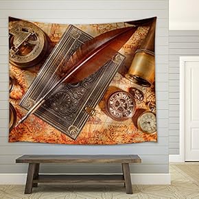 Vintage Still Life - Magnifying Glass, Pocket Watch, Old Book and Goose Quill Pen Lying on an Old Map in 1565. - Fabric Wall Tapestry Home Decor - 51x60 inches