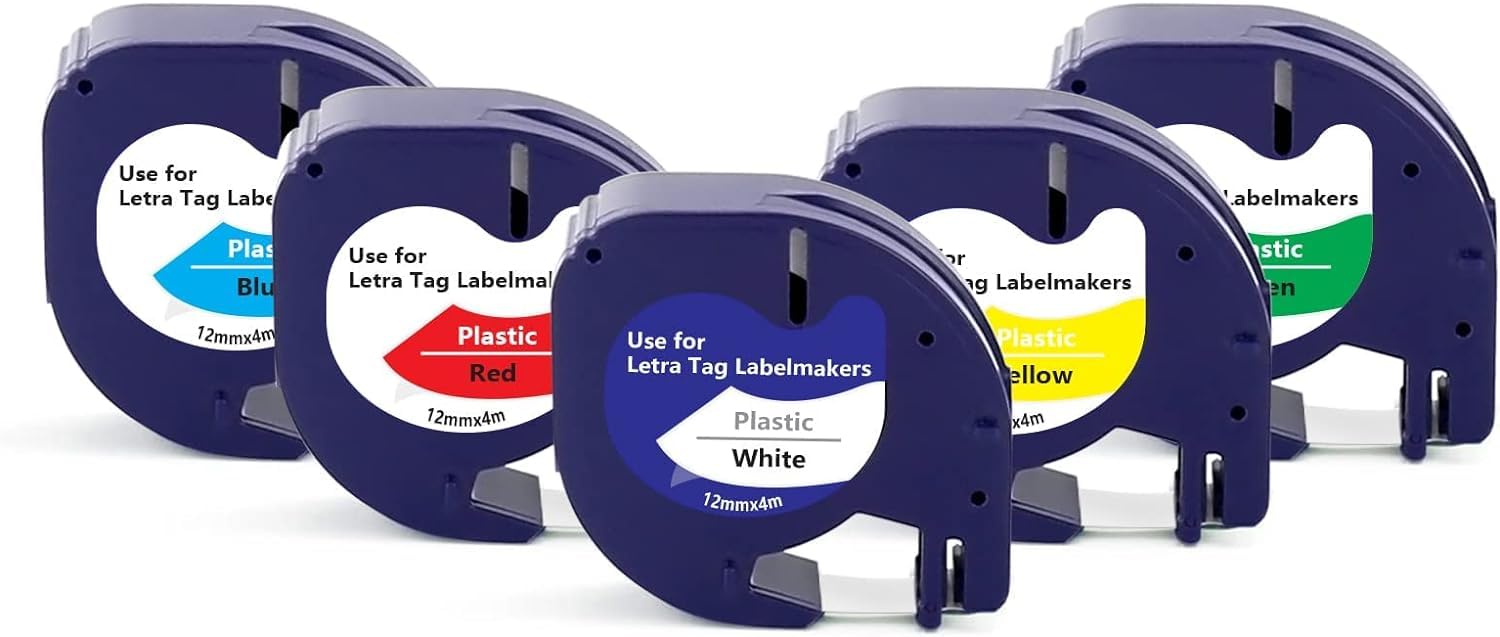 UNOKA Compatible for Dymo Label Tape Waterproof 12mm x 4m Multiple Color, Dynamo Refill for DYMO LetraTag LT-100H LT-100T 200B XR 110T, 91201 91202 91203 91204 91205