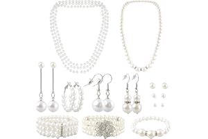 Gvhntk 19 Pcs Pearl Necklace Earrings Set for Women Girls 1920s Faux Pearl Necklace Simulated Pearls Bracelet Costume Jewelry Pearls Accessories for Gift Wedding
