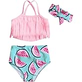 LYSMuch 3-Pieces Baby Girls Bikini Swimsuit Watermelon Bathing Suit Toddler Beach Tassels Swimwear (18-24 Months, Pink)