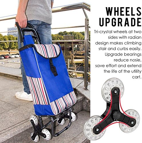 Creacolis Upgraded Folding Shopping Cart, Stair Climbing Cart Grocery Laundry Utility Cart with Wheel Bearings Stainless Steel Frame (Blue)