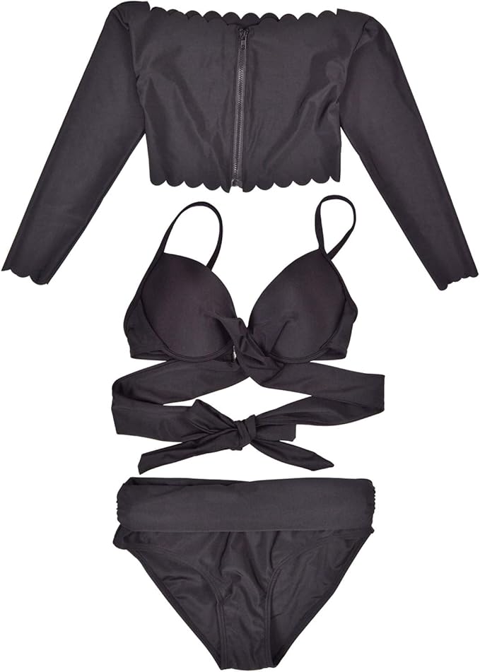 Amazon 水着 3点セット ビキニ ラッシュガード スカラップ フリル フロントクロス レディース オフショル 長袖 ジム Uvカットブラック ビキニ セパレーツ 通販