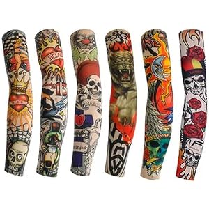 6Pairs Colorful Set Temporary Tattoo Sleeve,Cooling Arm Sleeves Long Fingerless UV Protection Sun Temporary for Outdoor Work,