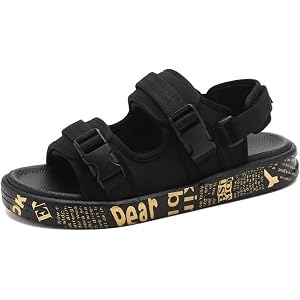 Boys Summer Sandals, Hook and Loop Soft Sole Non-Slip Breathable Casual Outdoor Kids Toddler Shoes(Black Gold)