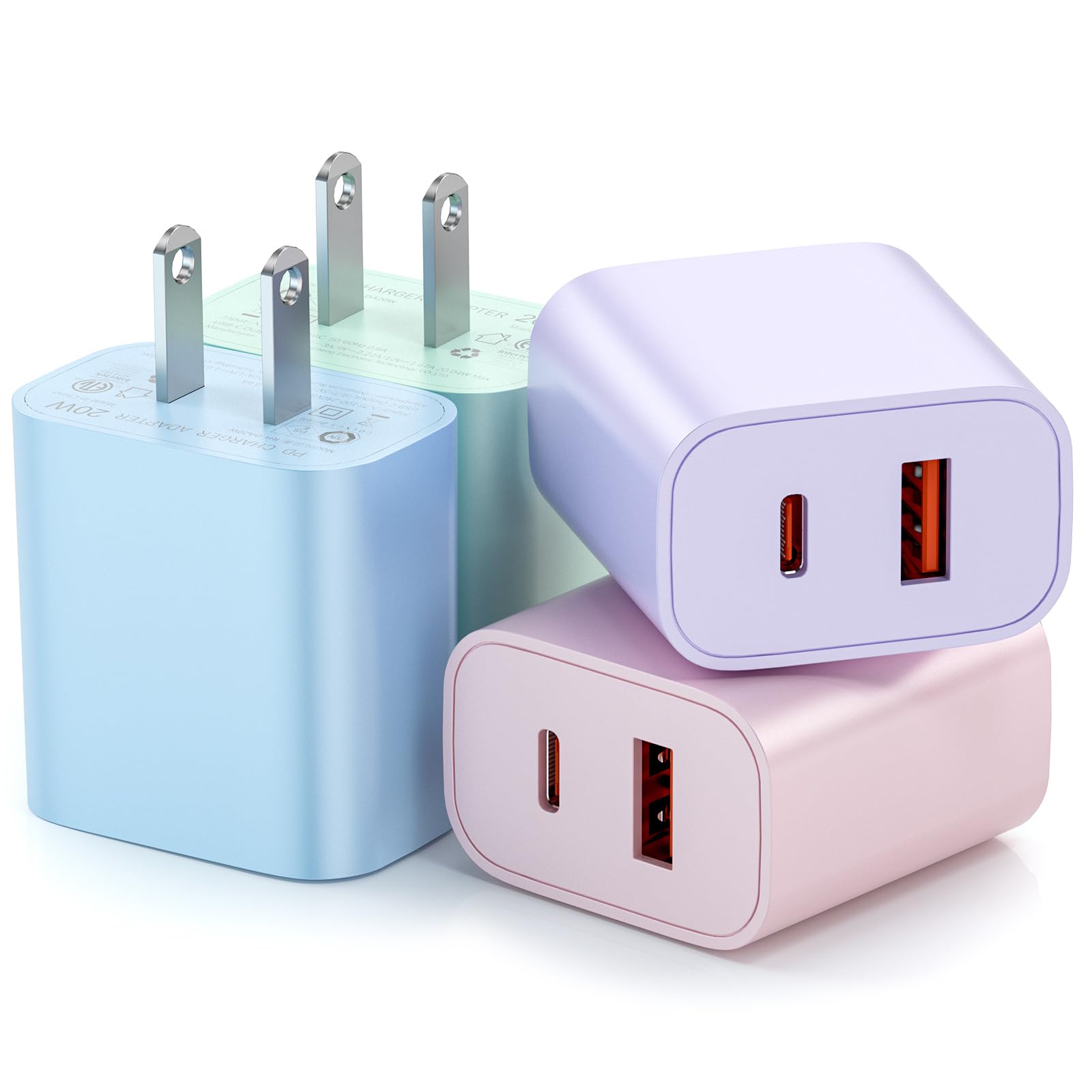 USB C Charger Block, [4 Pack] Dual Port Type C Fast Charging Block 20W USB-C Power Adapter & QC 3.0 USB A Port Type C Wall Charger Plug for iPhone 17/16/15/14/14 Pro/14 Plus/13/12/11,lPad,Galaxy More