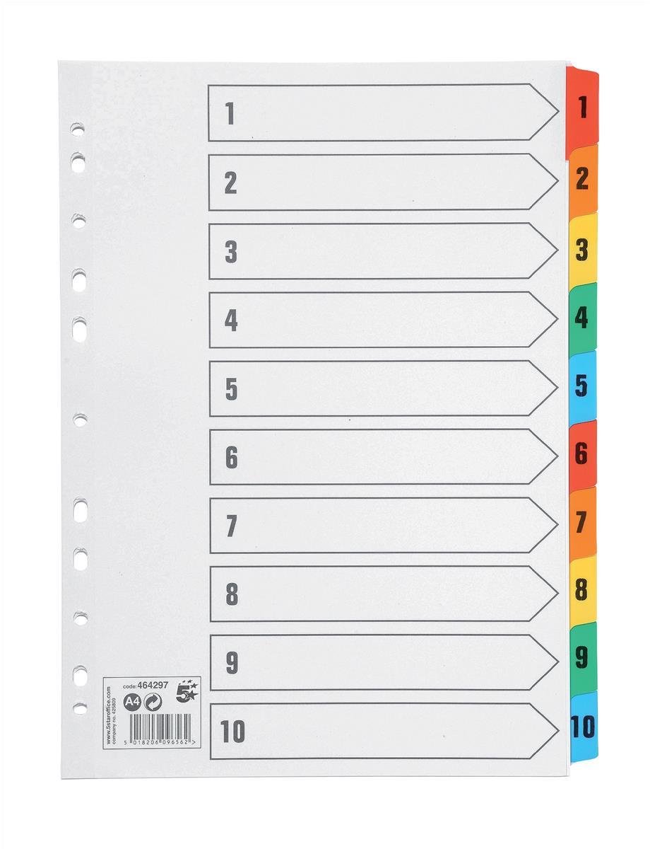 5 Star Office Index 150gsm Card with Coloured Mylar Tabs 1-10 A4 White