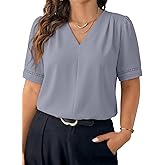 Eytino Plus Size Tops for Women Dressy Casual Pleated V Neck Short Sleeve Business Work Office Blouses Shirts(1X-5X)