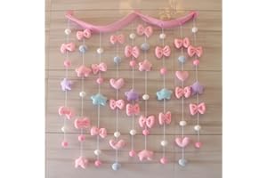 SWEXURY Kawaii Doorway Curtains Girls Bedroom Wall Hanging Decor Cute Fluffy Star Bowknot Pentacle Garland Door Strings Nursery Curtain for Baby Room (Rod Pocket, Pink Star)