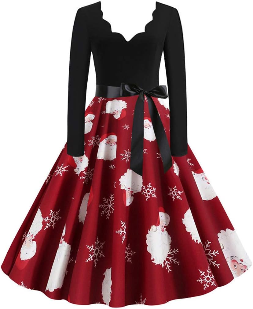 AOGOTO Women Christmas Dresses Long Sleeve V Neck Vintage Santa A Line Party Evening Dress