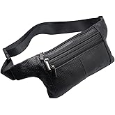 Vidlea Triple Pocket fanny pack Genuine Leather waist bag slim shoulder bag Hip Purse Adjustable Belt strap Casual Pouch Outdoor Day bag (Black)