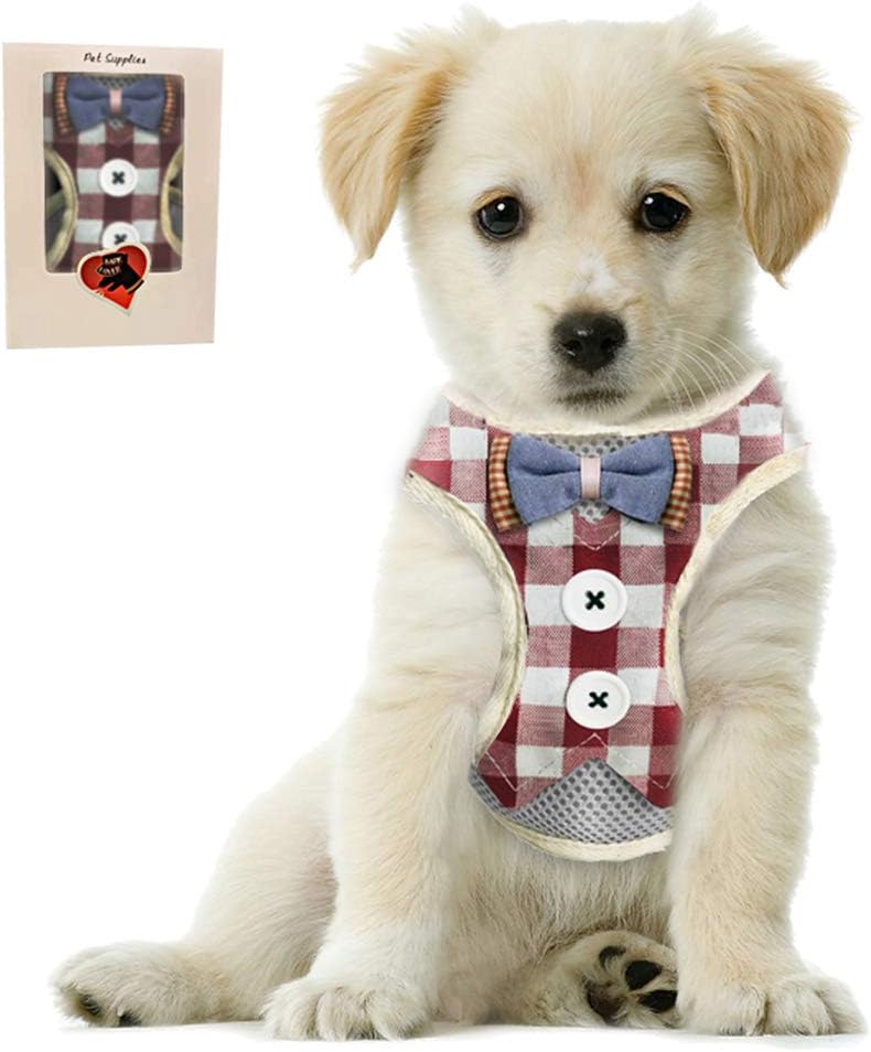 Bark Lover Small Puppy Harness with Bowtie, Adjustable Dog Vest Mesh Tuxedo Harness for Small Dog Kitten, Perfect for Party Wedding Holiday(L, Red Plaid)