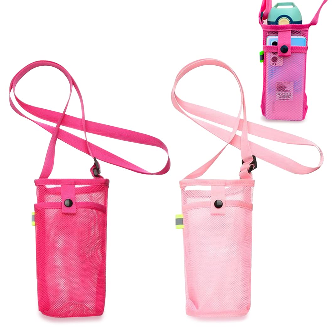 Rolin Roly 2PCS Water Bottle Carrier Bags Pink Bottle Pouch Holder Adjustable Shoulder Strap with Pocket Rose Red Water Bottle Accessories for Women Sports Camping Walking
