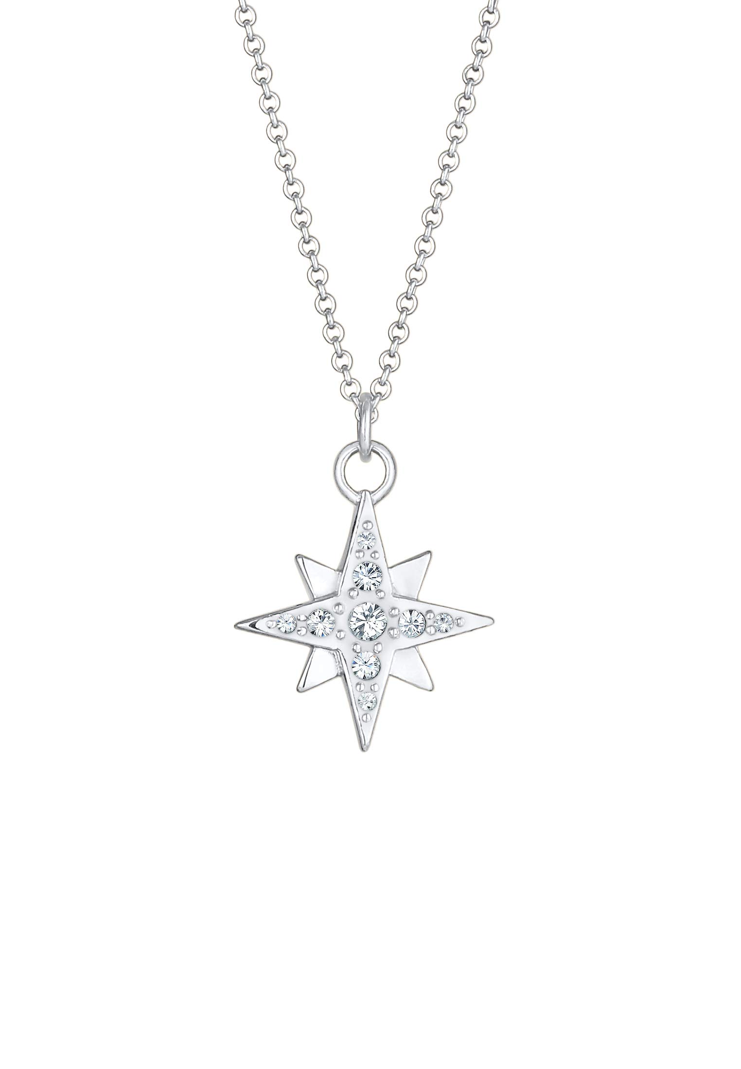 Women's Necklace with Star Pendant (15 mm) with White Crystals, Chain with Astro Star Pendant for Women and Girls, 925 Sterling Silver, Length 45 cm Silver