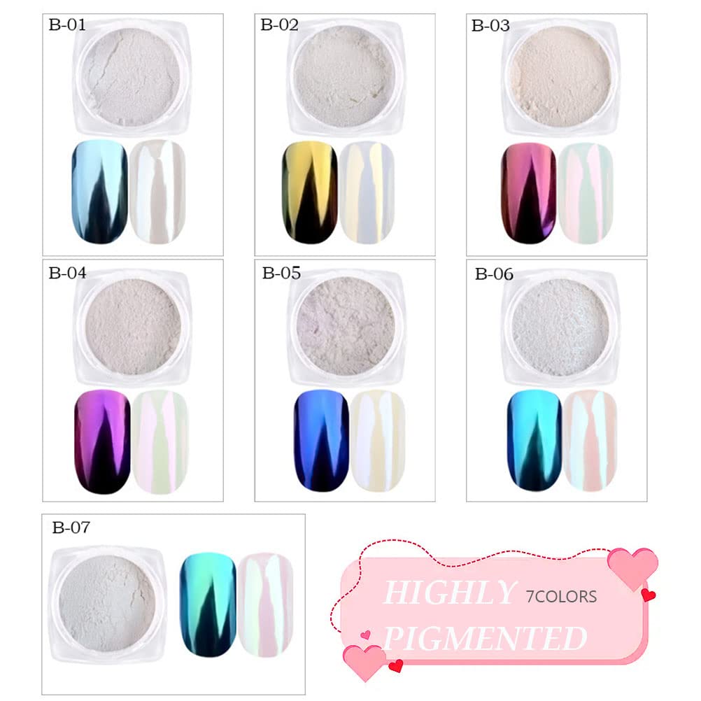 7 Colors White Pearl Chrome Nail Powder - Aurora Metallic Holographic Mirror Effect - Iridescent Shell Glitter Nail Art Pigment for Manicure (White Pearl) - Image 5