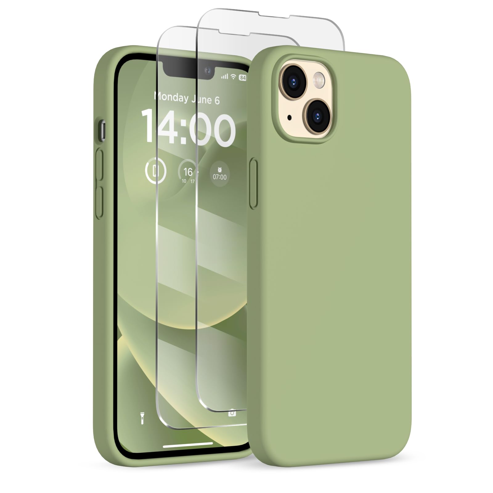 COFFKER Designed for iPhone 14 Plus Case Silicone, with 2X Screen Protectors, Full Body Shockproof Protective Cover, Liquid Silicone Slim Thin Phone Case for iPhone 14 Plus 6.7", Tea Green