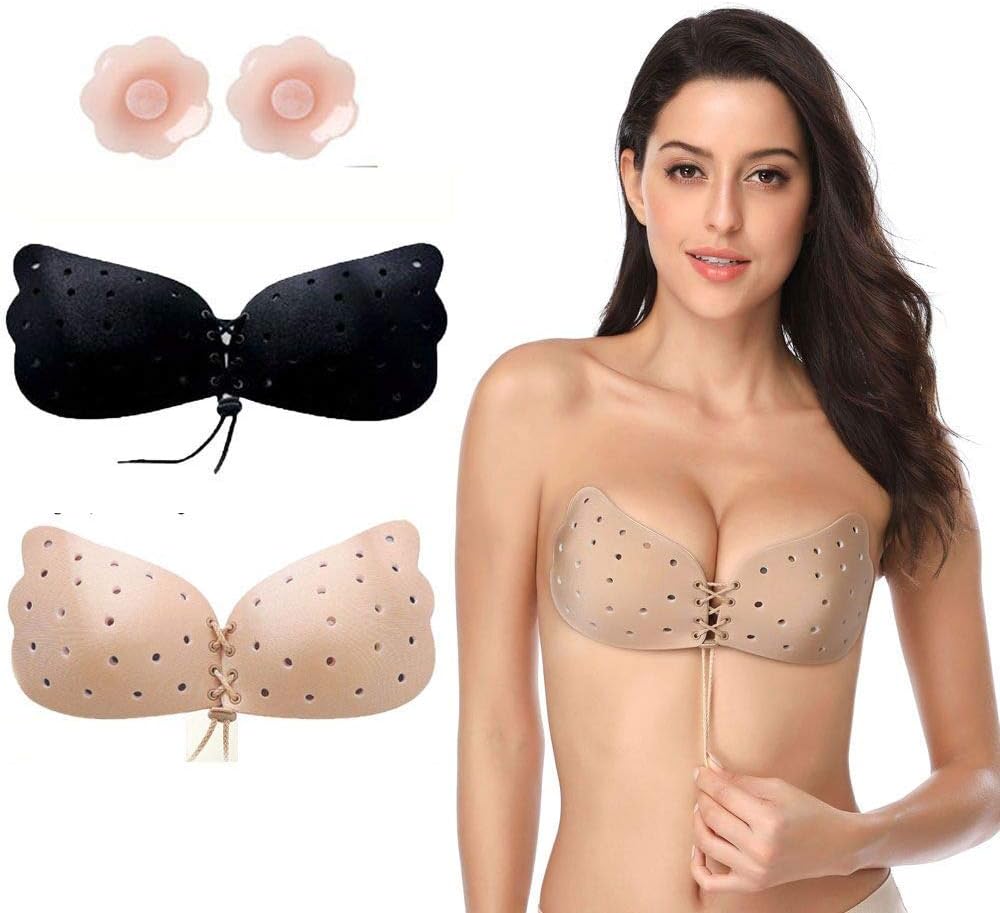 Shample Strapless Invisible Bra, Breathable Adhesive Backless Bra, Reusable Stick on Bra Push Up for Women