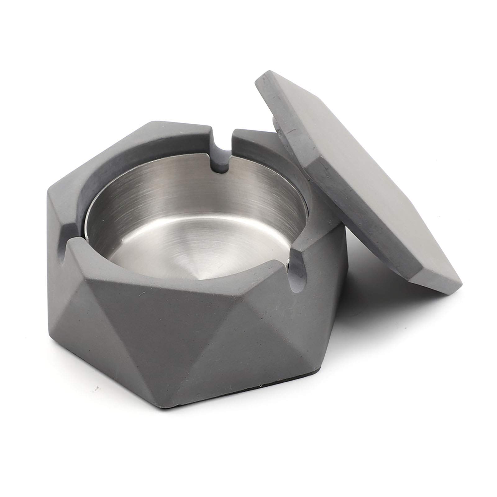 Concrete Ashtray with Lid Geometric Cigarette Outdoor Ashtray with Stainless Steel Inner Tray Nordic Style
