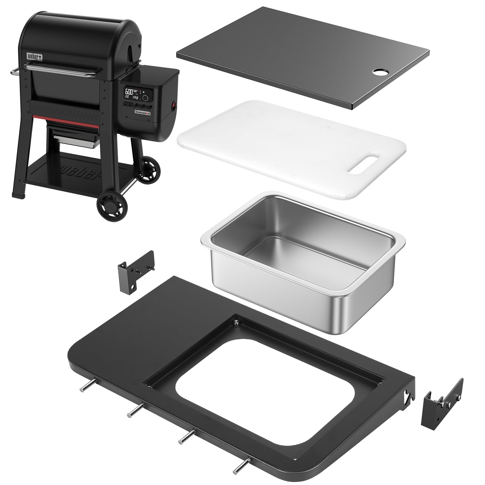 Utheer Front Folding Grill Table for Weber Searwood 600 – 23" x 12.5" Large Front Shelf with Stainless Steel Basin, Works Cutting Board, Lid & 5 Hooks, Heavy-Duty Weber Searwood 600 Accessories Image