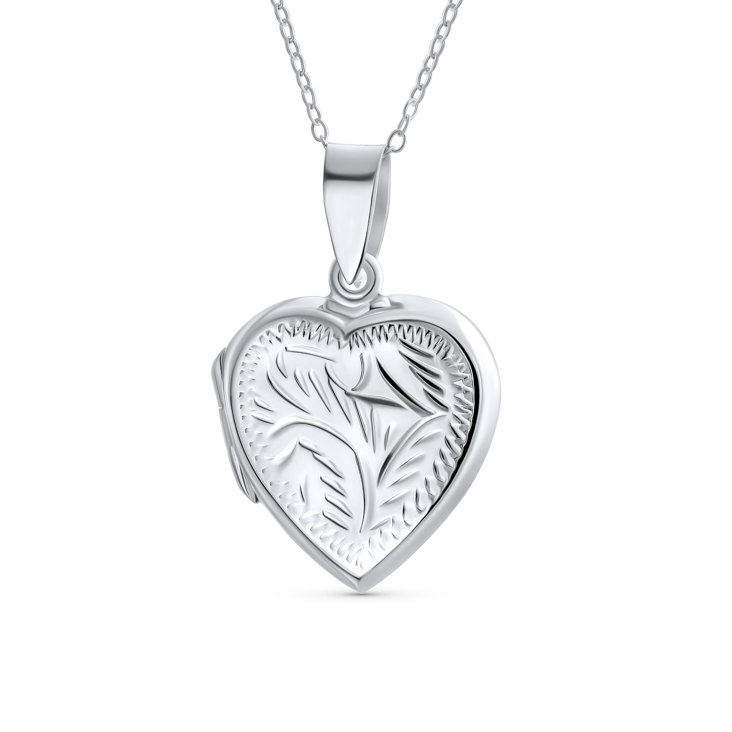 Bling Jewelry Vintage Style Simple Plain Traditional Keepsake Domed Puff carved Leaf Heart Shaped Photo Locket For Women Teens Holds Photos Pictures .925 Silver Necklace Pendant Medium