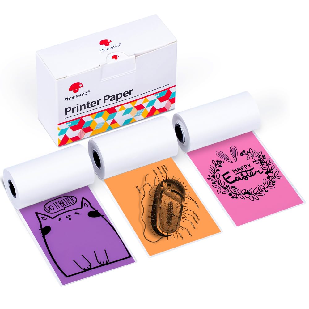 Phomemo Printer Paper - M02/M02Pro/M02S/M03/M03AS/M04S/M04AS Mini Sticker Printer Paper, Purple/Rose Red/Orange Mini Bluetooth Pinter Paper - 50mm x 3.5m Self-Adhesive Sticker Paper, 3 Rolls