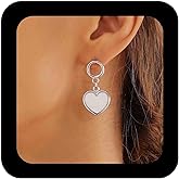 Erimberate Bohemian Enamel Heart Dangle Earrings Silver Heart Drop Earring White Hearts Circle Hoop Earring Minimalist Hearts Stud Earrings Jewelry for Women