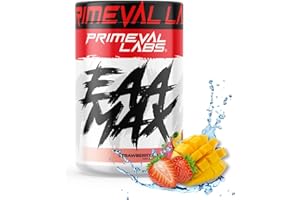 Primeval Labs EAA Max, BCAA Perfect Amino Acid Powder - Pre or Post Workout Muscle Recovery - BCAAs, EAAs, Electrolytes, Supports Hydration & Performance, Keto Friendly (Strawberry Mango)