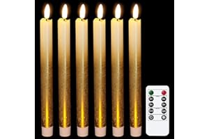Wondise Gold Flameless Taper Candles with Timer & Remote, 9 Inch Battery Operated LED Flickering Window Candle for Christmas Thanksgiving Decorations, Set of 6