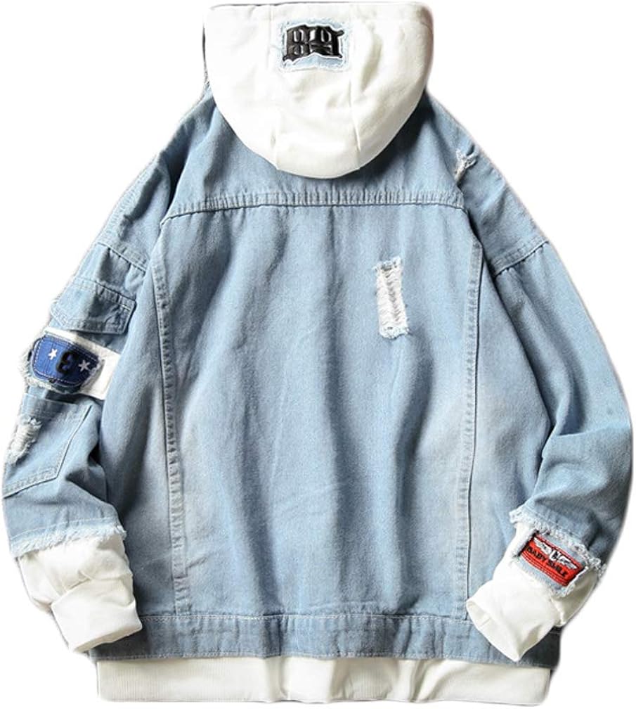 Lavnis Men's Denim Hooded Jacket Casual Button Down Ripped Jeans Jacket Coat Outwear at  Men’s Clothing store