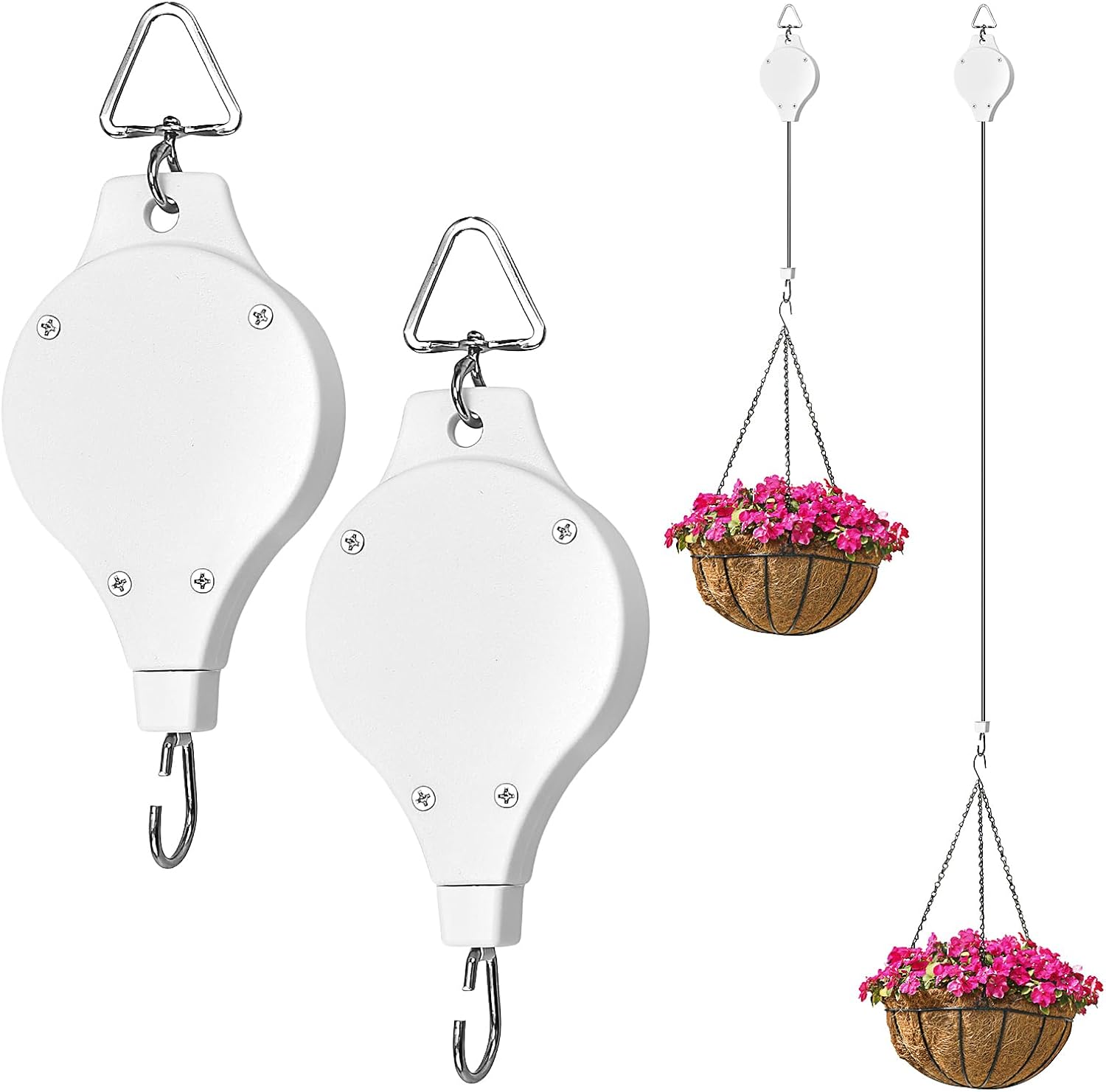 Outdoor Hanging Brackets - cobee Plant Pulley, Retractable Pulley Plant Hanger for Hanging Plants Heavy Duty Hanging Flower Basket Hooks for Garden, Easy to Raise/Lower, Auto Lock, Adjustable Hook for Basket Pots, Bird Feeder