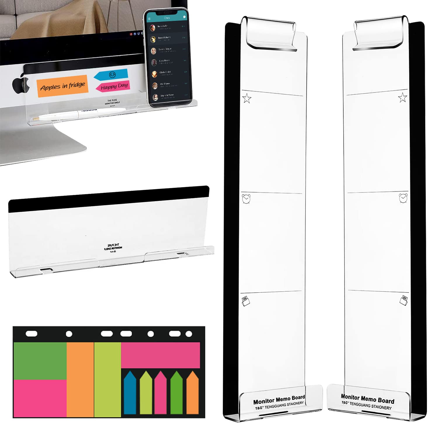 Photo 1 of Monitor Memo Boards for Computer, Set of 3 (Left & Right & Bottom) Multifunction Acrylic Screen Message Reminder Pad Side Panels Phone Holder - Utility Organizer for Office Desktop, with Sticky Notes