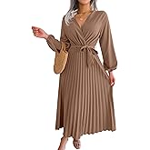 ChiaoLezhee Women's Pleated Maxi Wrap Dress, Modest V-Neck Puff Sleeve Flowy Dresses for Business Casual Church Vacation