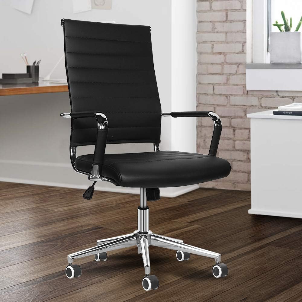 LUCKWIND Ergonomic Office Chair Ribbed Leather Swivel - Adjustable Height Tilt Arm Sleeves Lumbar Support High Back Upholstery Executive Modern Conference Computer Chrome Wheel Caster 350lb Big Black: Kitchen & Dining