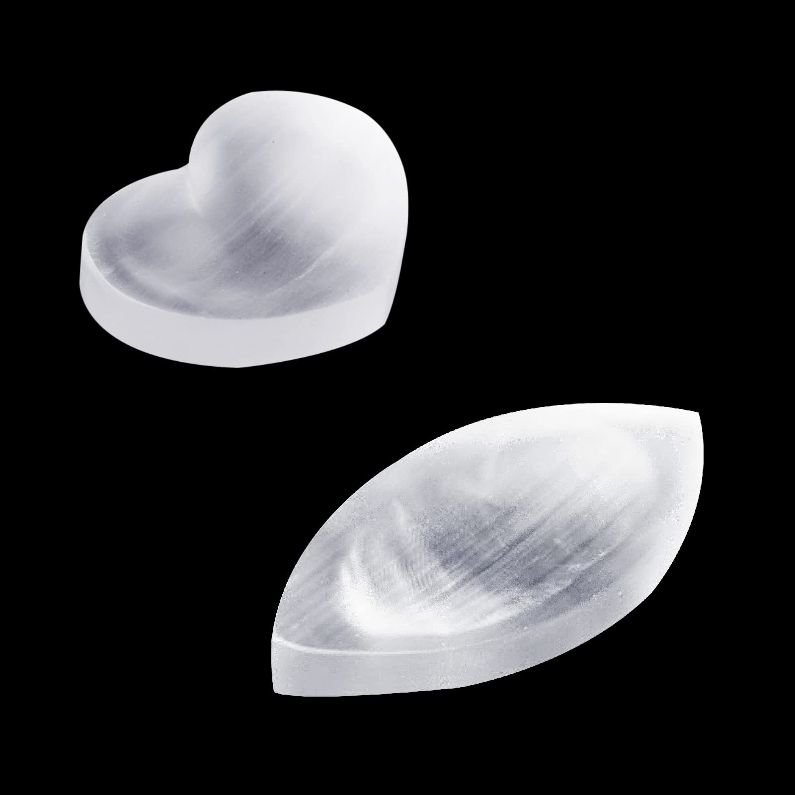 Photo 1 of 2 PCS Natural Selenite Crystal Bowl Heart Shape 2.6"(6.5cm) and Prismatic Shape 3.54"(9cm) Selenite Moroccan Charging Plate Bowl for Meditation Cleansing, Charging, Decoration or Valentine's Day Gift