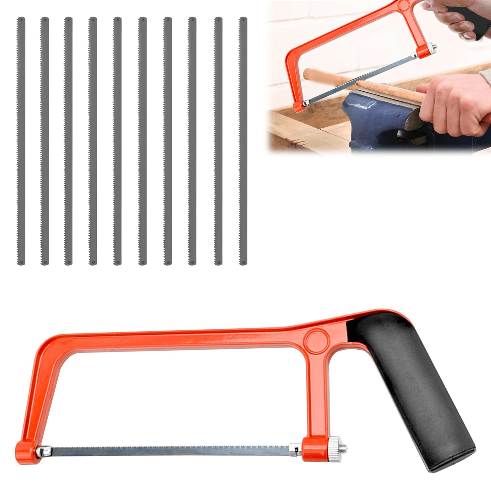 11PCS Metal Saw Red Hack Saws Professional Hack Saw Small Metal Cutting Saws Adjustable Angle Heavy Duty Small Hacksaw Saw with 10 Exchangeable Blades for Cutting Plastic PVC Pipe Tile Metal