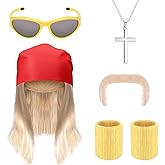 JcHrmers 6 Pcs Halloween Wrestler Costume Include Wig,Kerchief,Moustache Bracers Glasses and Necklace for Men Wrestler Dress up Multicolor