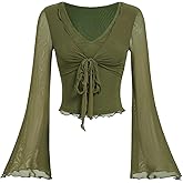 Verdusa Women's Y2k Bell Sleeve V Neck Mesh Going Out Crop Top 2000s Whimsical Clothes