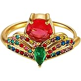 Unurgoonit Adjustable Gold Plated Colorful Gemstone Ring for Women – Open Band Statement Ring with Red and Green Crystal Accents, Rainbow Cocktail Jewelry Gift