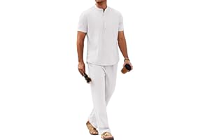 COOFANDY Mens 2 Pieces Cotton Linen Sets Short Sleeve Casual Henley Shirt Summer Beach Pants Lounge Vacation Outfits Set