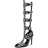 sexyprom Women's 4.3IN Hollow Open Toe Knee High Boots Metal Buckle Stiletto Heels Nightclub Party Wedding Shoes